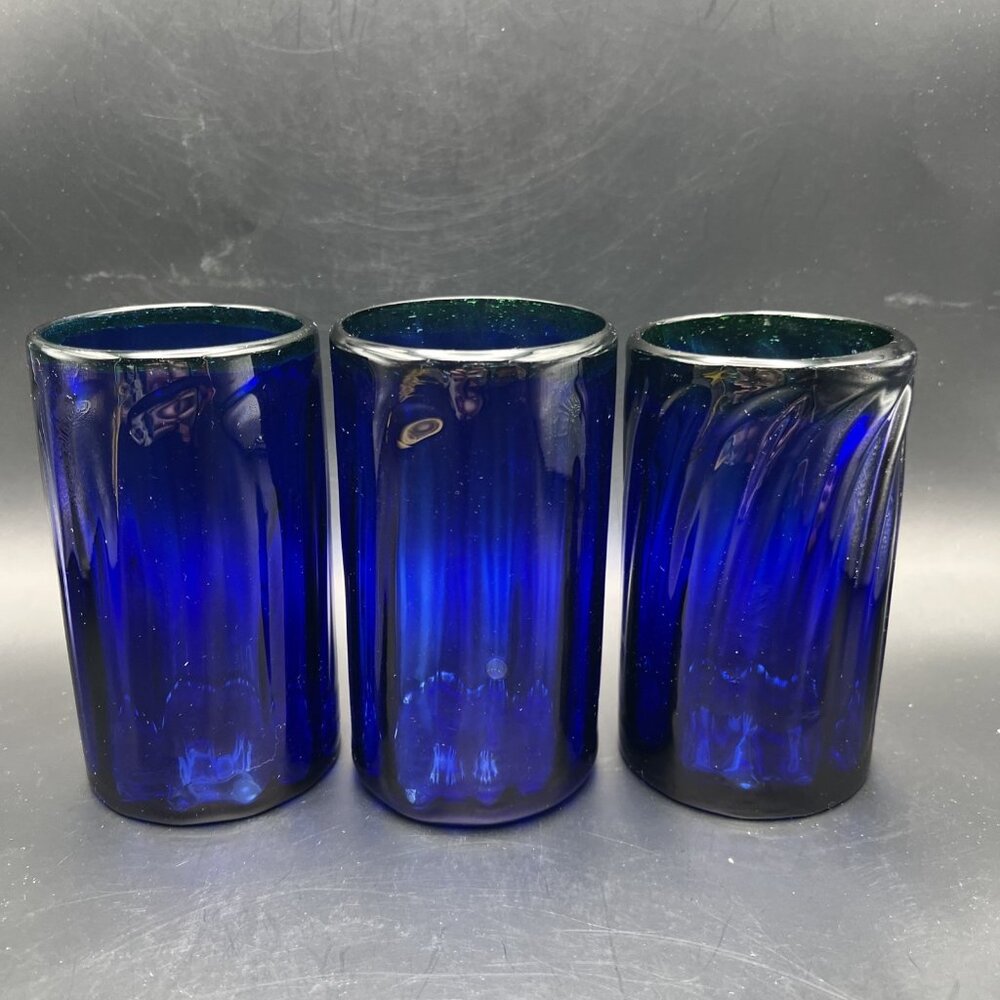 Set Of 3 Hand Blown Mexican Glasses Cobalt Blue Swirl Green Rim ~5" - Picture 9 of 14